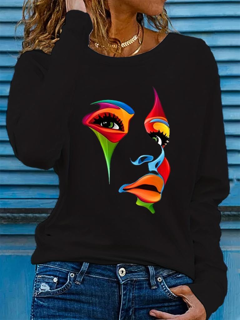 women's spring and autumn casual fashion long sleeved portrait graphic printed round neck T-shirt