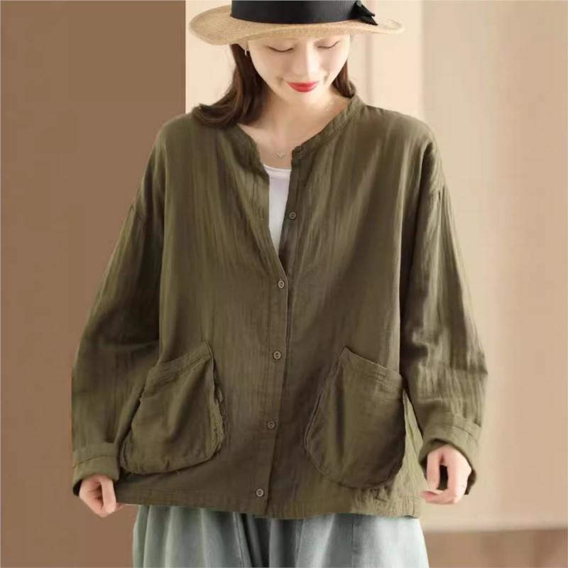 Johnature Женская осенняя однотонная повседневная свободная рубашка с длинными рукавами в стиле ретро, однобортная рубашка с круглым вырезом в винтажном стиле