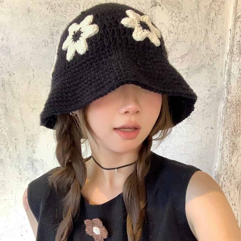 Korean Style Crochet Flower Knitted Hat Sweet Bucket Hat Cute Beanies Hat  Girls