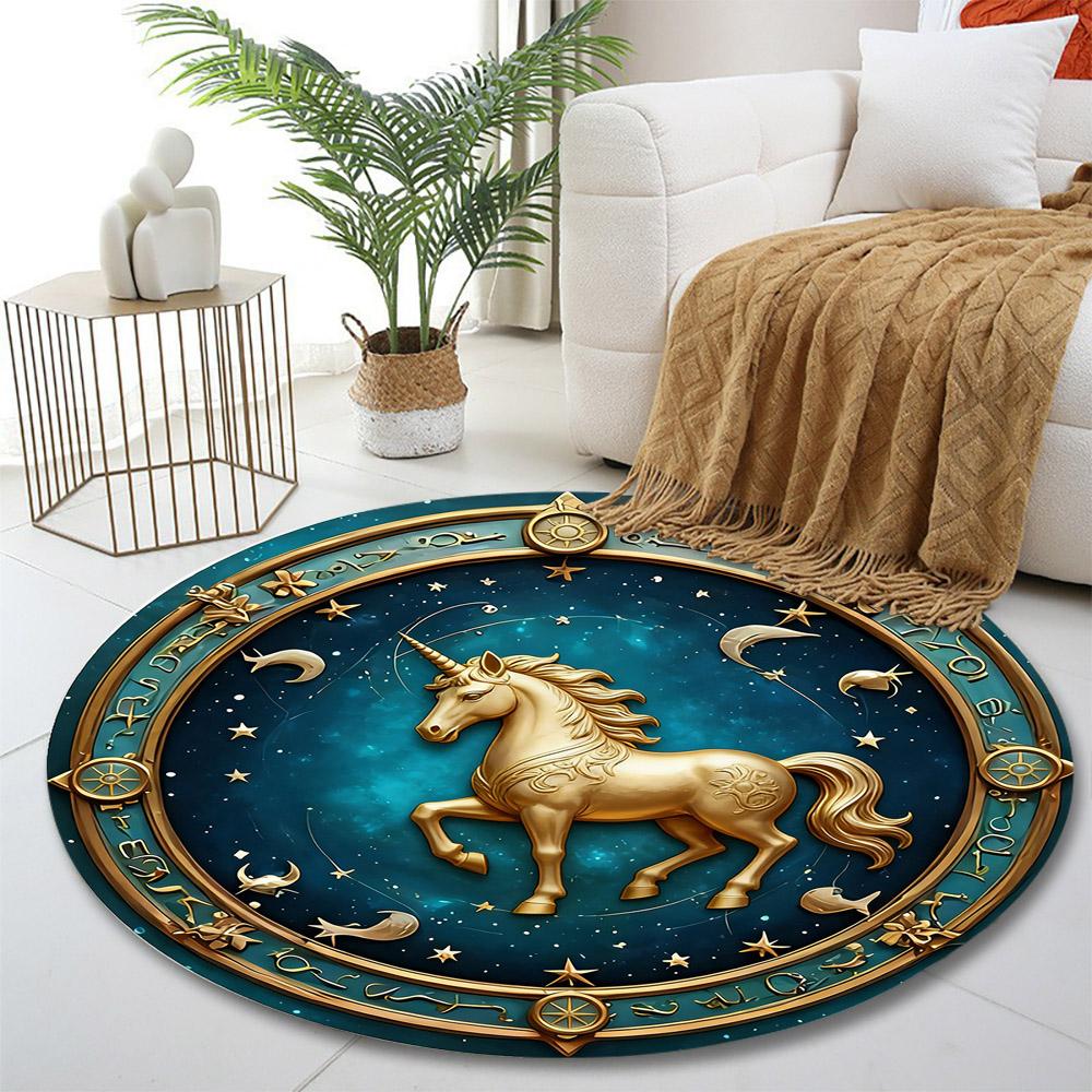 Golden Unicorn Astral Design Print round rug, living room, bedroom, playroom carpet, non slip floor mat, gift