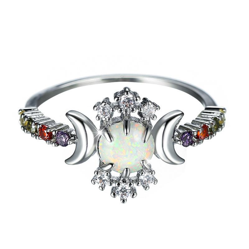 European and American personalized platinum round white opal smooth surface double moon edge inlaid with colored diamonds white diamond versatile ring