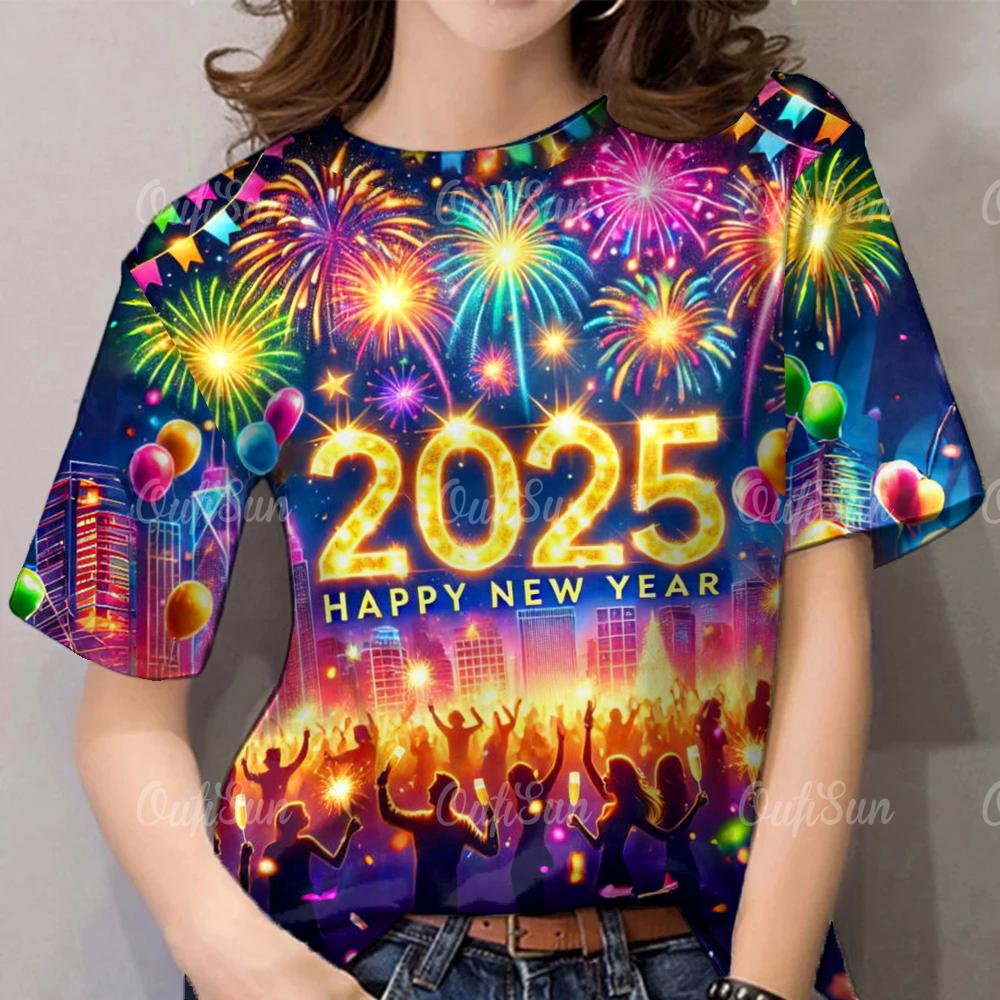 2025 Новый год женская футболка мода круглый вырез короткий рукав одежда для женщин летние красочные повседневные топы повседневный пуловер