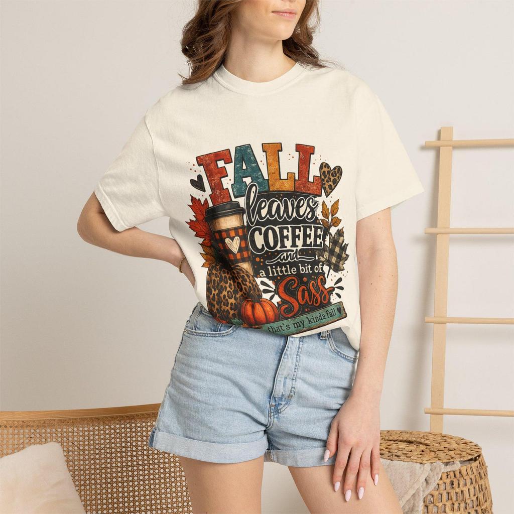Fall Leaves Coffee Sass T-Shirt | Pumpkin Leopard Autumn Graphic