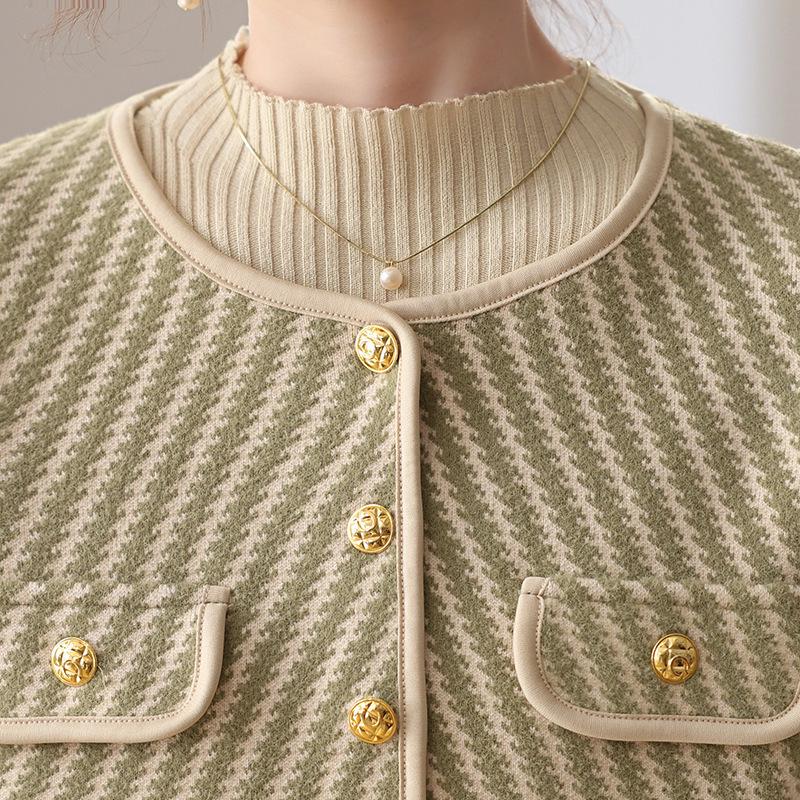 Elegant French Chic Striped Wool Cardigan for Women - Autumn/Winter Double-Sided Knit