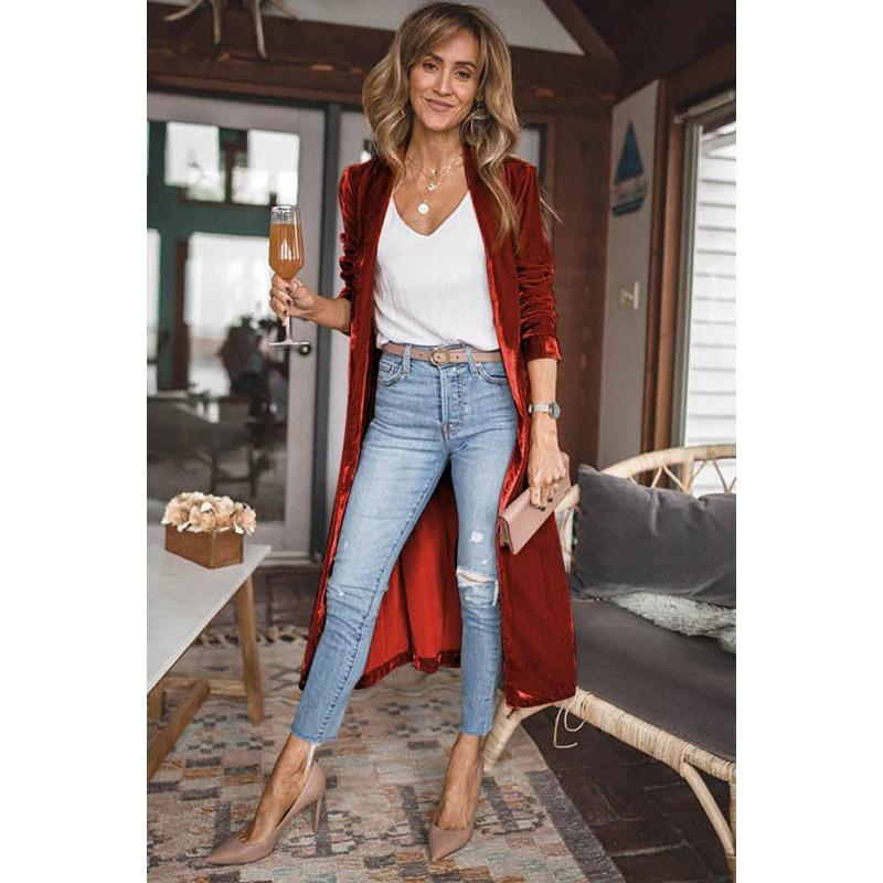 Длинный бархатный кардиган без пуговиц, пальто, однотонная свободная шаль с длинными рукавами для женщин