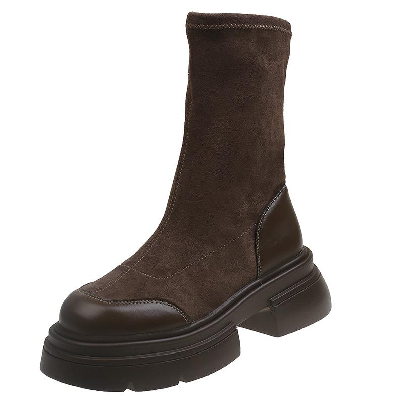 Зимние сапоги модные эластичные женские осенние ретро модные удобные сто подходящих узких коротких сапог на толстом каблуке тонкие сапоги