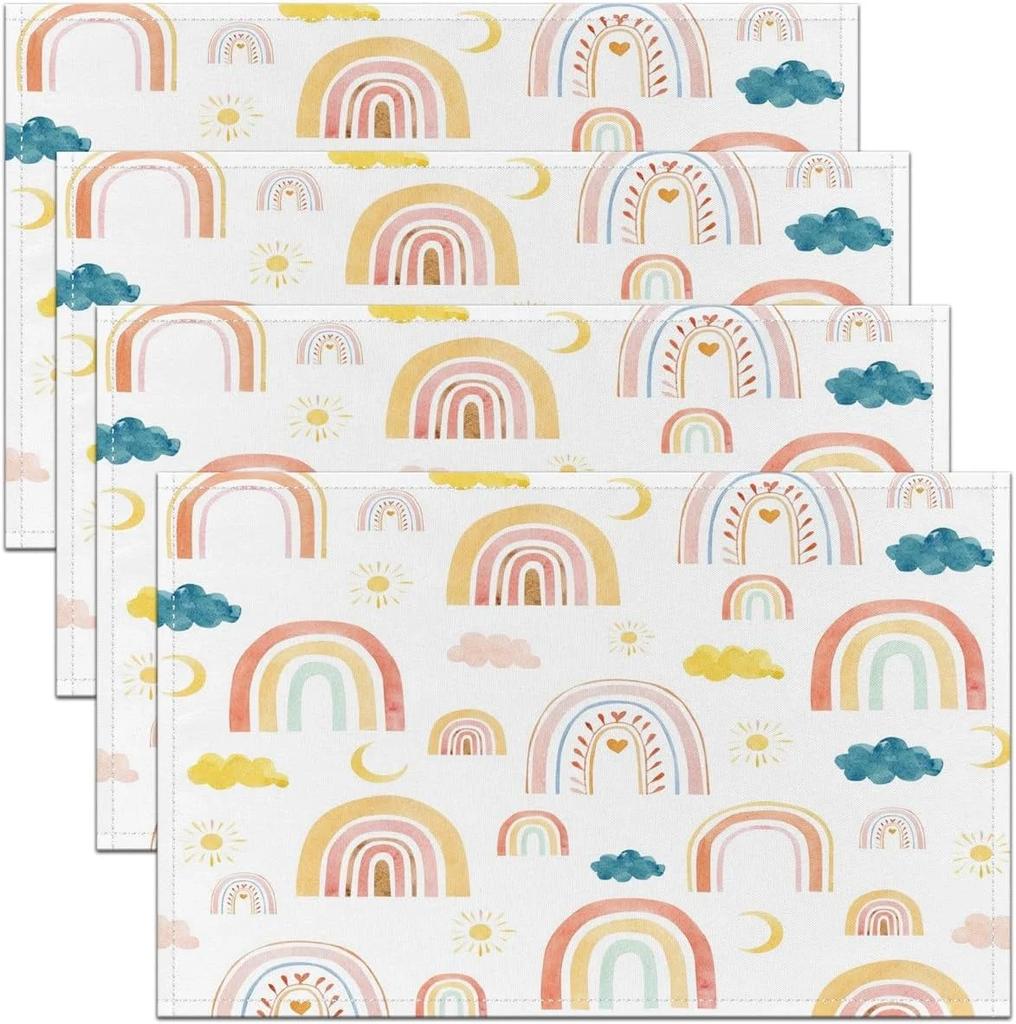 4pc Cartoon Watercolor Rainbow Faux Linen Placemats Cute Pastel Tablemats for Kids Boys Girls Dining Non Slip