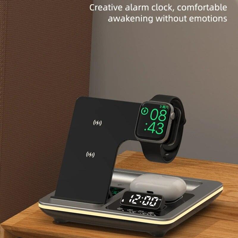 2024 5 In 1 Warm Light Wireless Charger Dock Fast Charging Station for Apple Airpods iWatch iPhone 12 13 14 15 with Alarm Clock