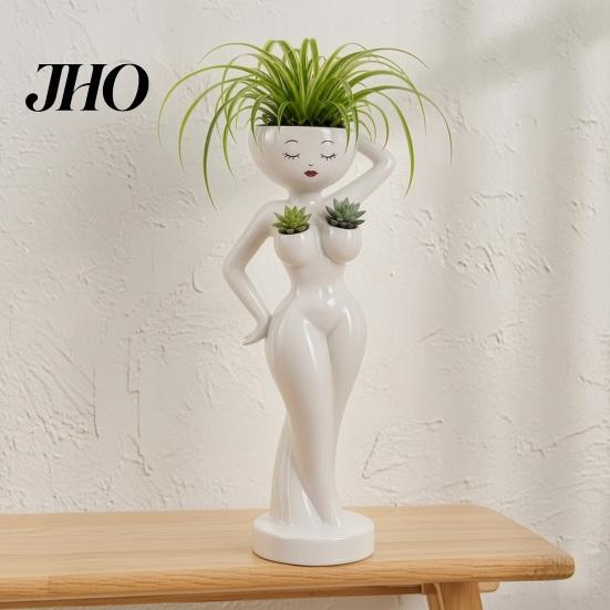 Layered Green Plant Landscape Pot Funny Female Figure Planter with Drainage Holes, Elegant Lady Flower for Unique Resin Flowerpot Succulents