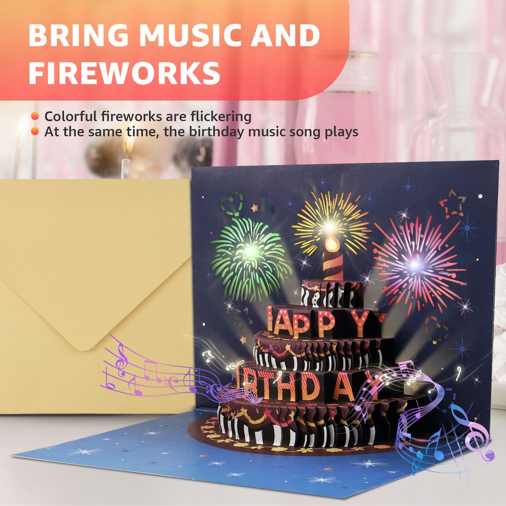 3D Light Music Birthday Card Pop Up Cake Creative Greeting Card Happy Birthday Party Gift Message Cards with Envelope for Kids