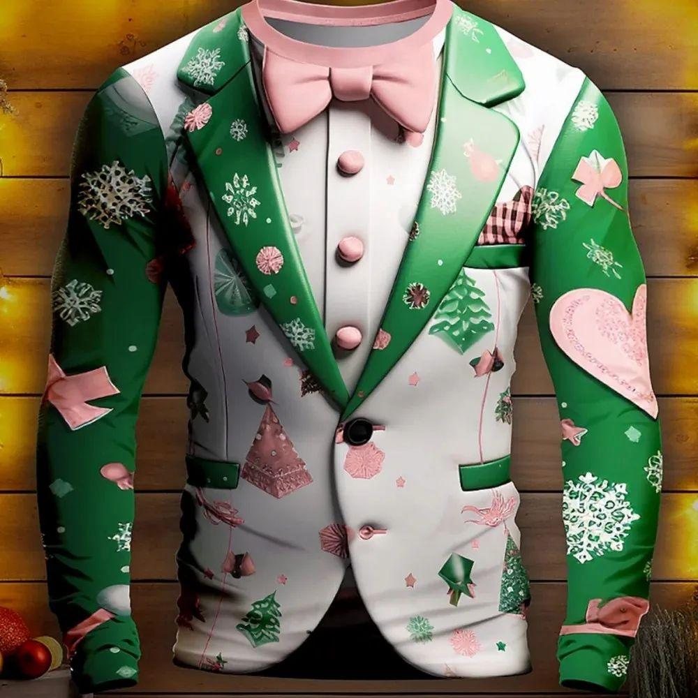 Man Business Christmas Party Series Fake Suit Fashion Interesting 3d Printed Long Sleeve Crew Neck Trend Plus Size Clothing