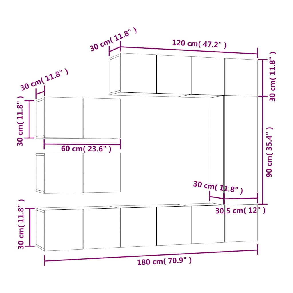 8 piece TV cabinet set smoked oak effect particleboard
