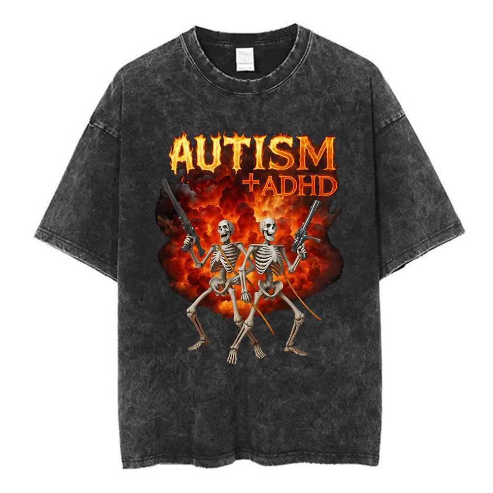 Autisme ADHD Skelet Meme T-shirt Humor Grappige Schedel Gewassen Vintage T-shirt Casual Katoen Korte Mouw Oversized T-shirts Unisex