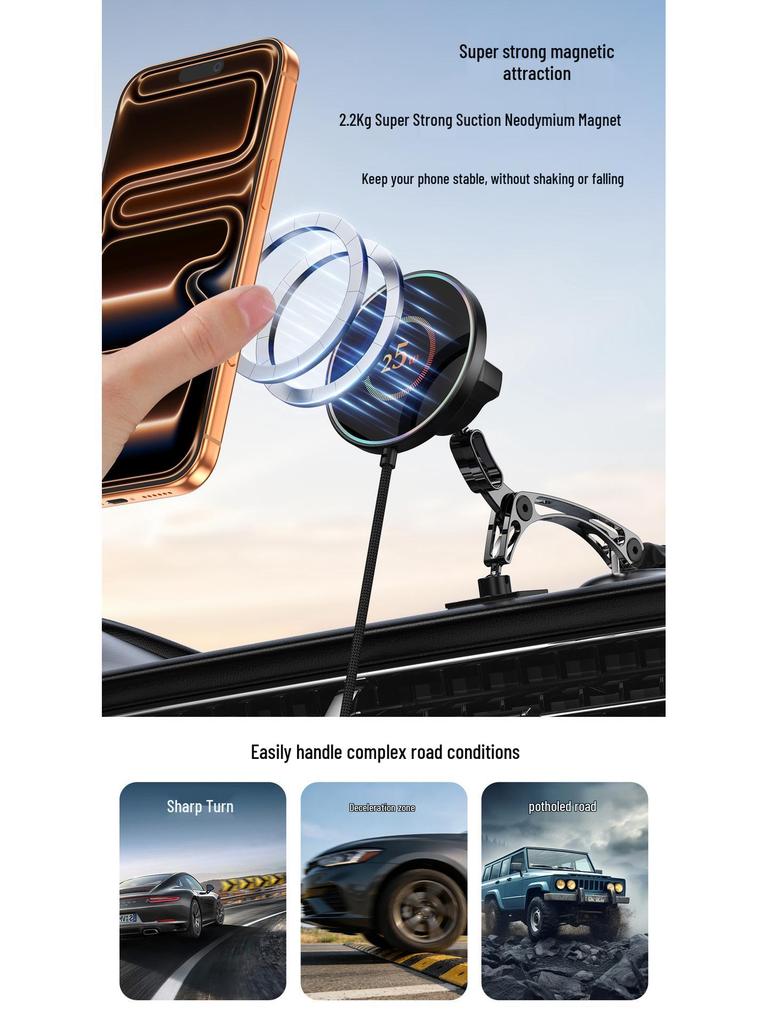 25W Magnetic Car Phone Holder with Wireless Charging and Suction Cup Mount