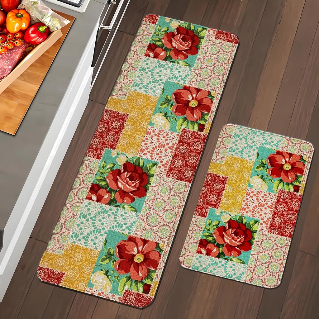 1Pcs Anti Fatigue Kitchen Rugs, Floral Print Waterproof Non-Slip Thick Cushioned Kitchen Mat Heavy Duty Comfort Standing Mat for Kitchen