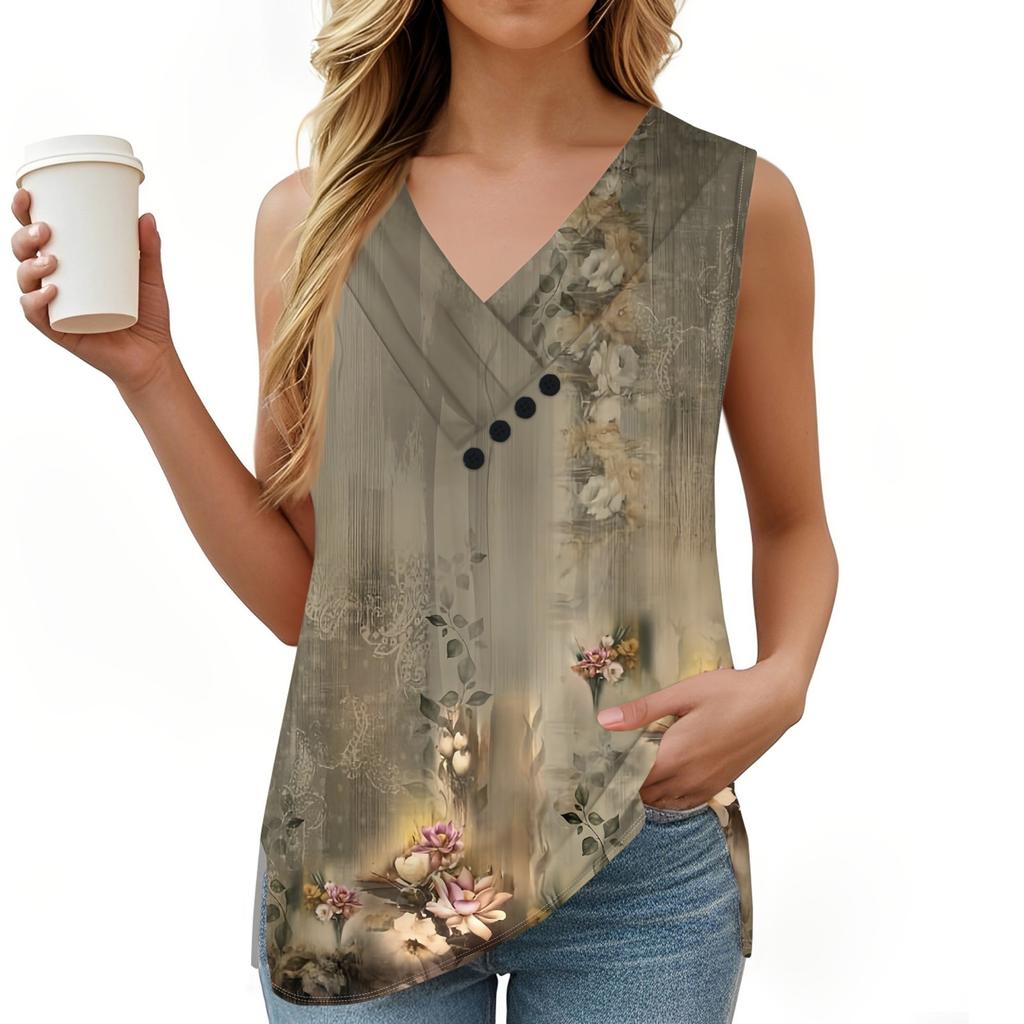 Женская майка с винтажным цветочным принтом, летняя футболка на пуговицах с V-образным вырезом, свободный модный топ без рукавов