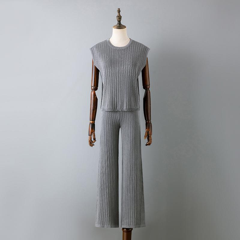 Весенне-летний женский свободный комплект из двух предметов, однотонный вязаный топ без рукавов, костюм