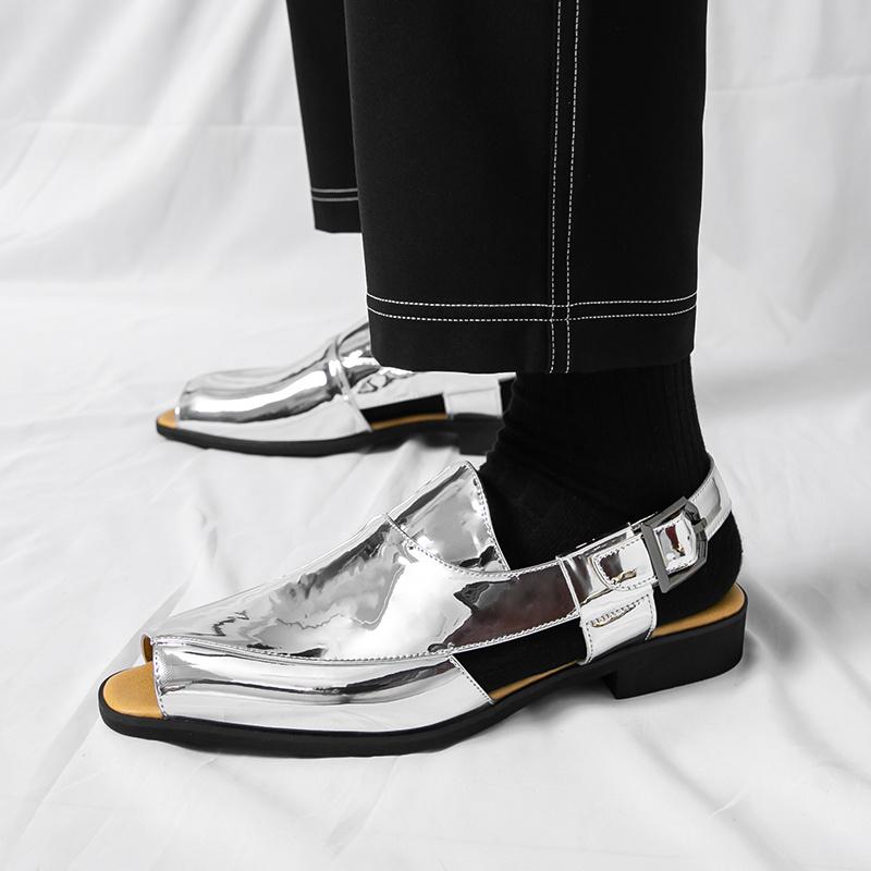 Luxury Gold Sandals Men Italian Style Dress Sandals Man Casual Leather Shoes Designer Fish Mouth Sandals Men Sandalias De Hombre