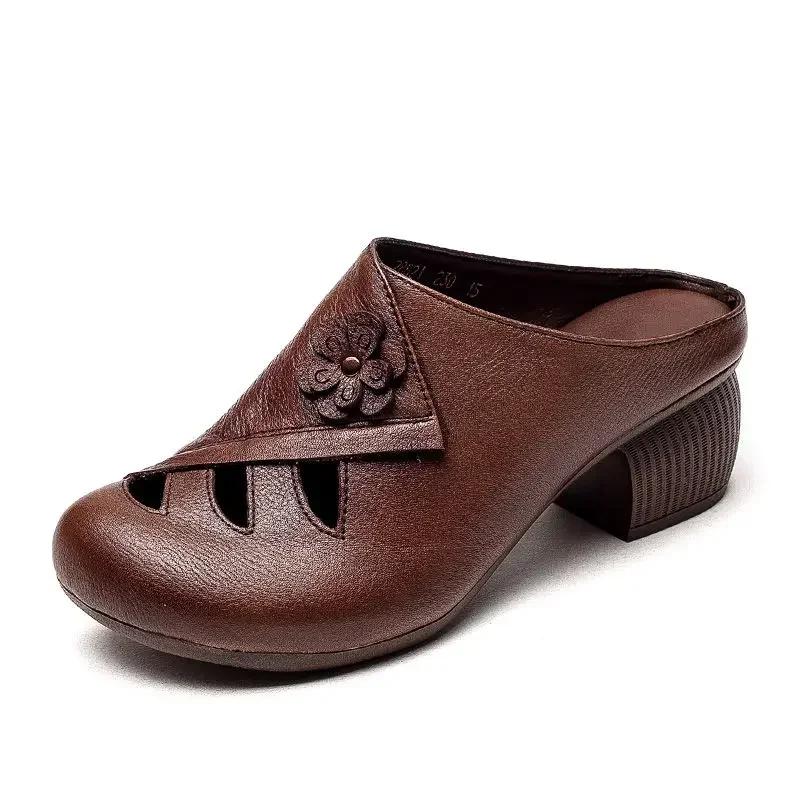 Мода 2024 года, новые женские тапочки в стиле ретро, мягкие туфли, закрытый носок, высокие каблуки, черные мюли, шлепанцы для лета, средний каблук, шлепанцы