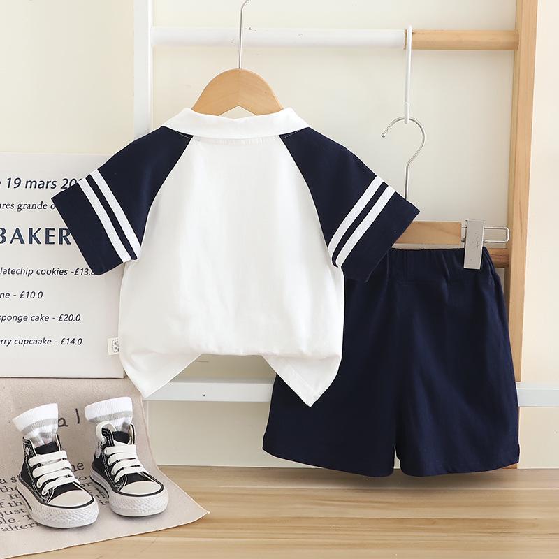 “2025 New Style Boys' Summer Two-Piece Set: Lapel Stripe Short Sleeve"