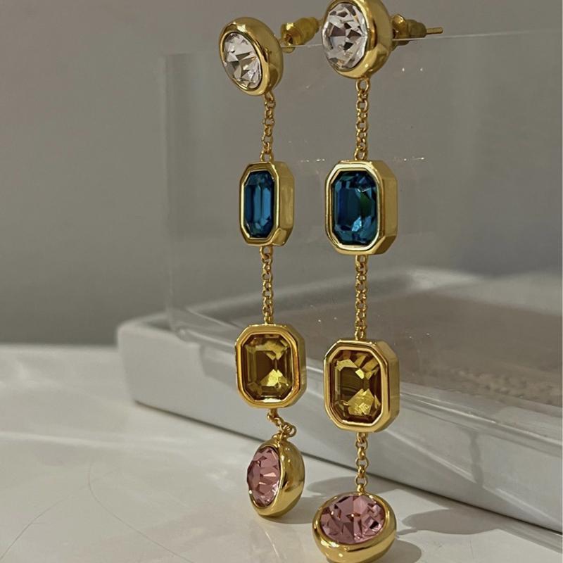 Retro Multi-color Crystal Long Geometric Drop Earrings for Women Fashionable Elegant Jewelry Gifts
