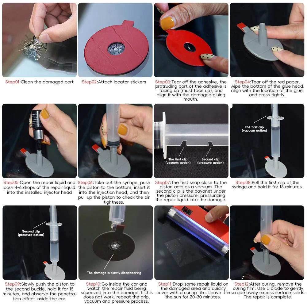 Набор инструментов для ремонта лобового стекла автомобиля своими руками, жидкая смола для ремонта автомобильного стекла, царапин, ремонт, фиксация, декоративные наклейки