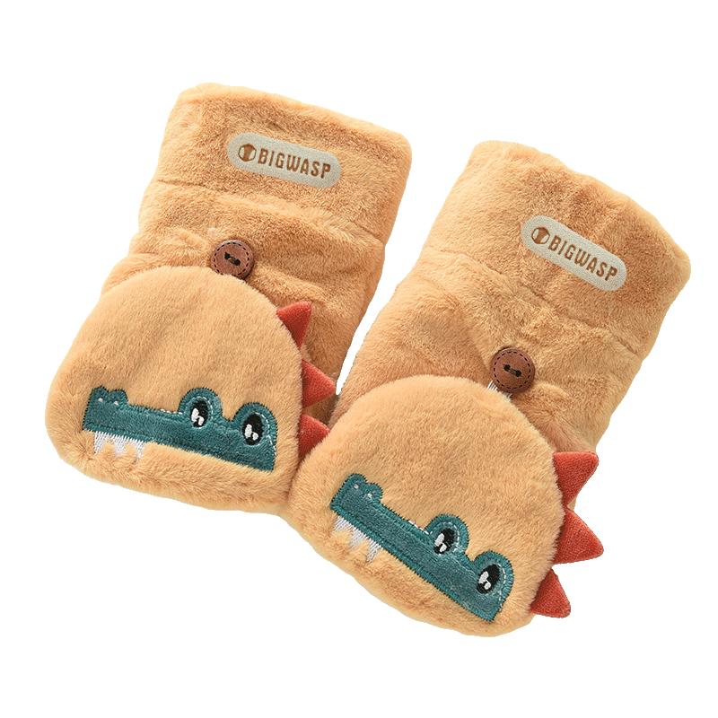Children's Plush Gloves Half Finger Flip Outdoor Cycling Gloves Cartoon Crocodile