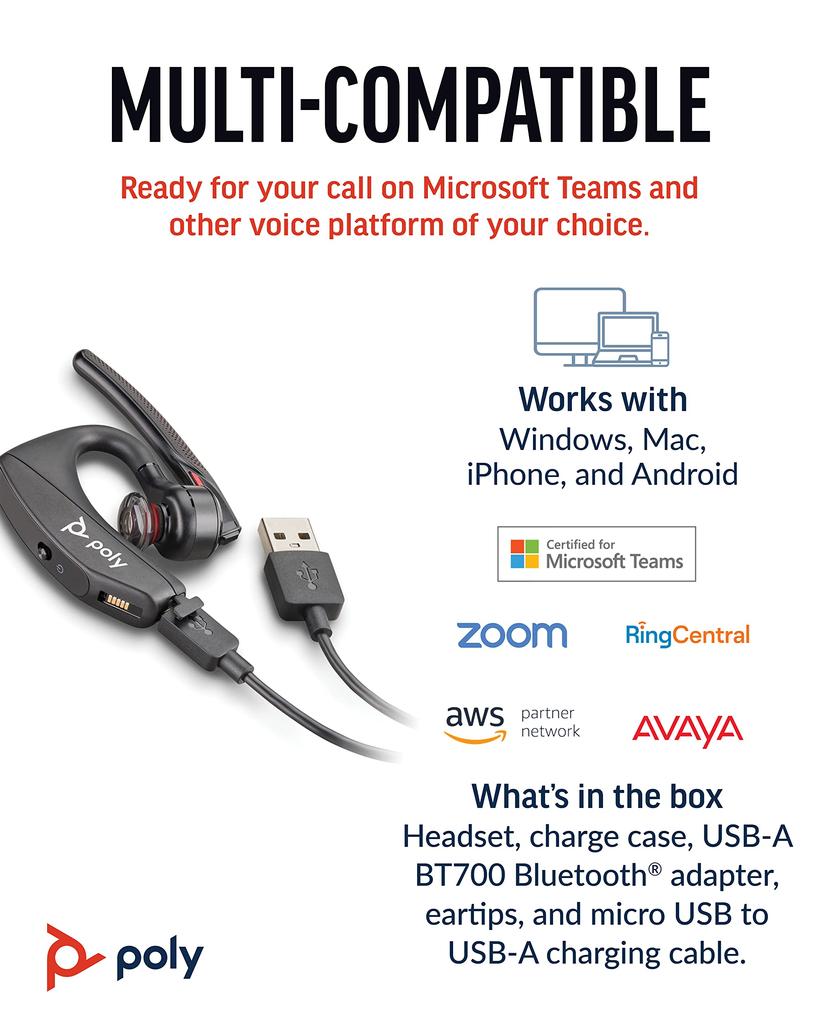 Poly Voyager 5200 UC Bluetooth Wireless One монофонические наушники для ПК BT700 Специальный зарядный чехол с шумоподавлением Совместимость с ПК и 2 года
