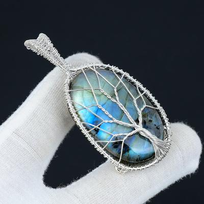 Подвеска из лабрадорита Blue Fire, подвеска из стерлингового серебра 925 пробы ручной работы, ювелирные изделия из проволочной обмотки, ювелирные изделия из проволочной обмотки "Древо жизни"