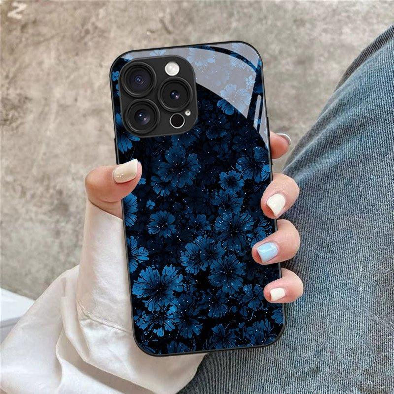 Deep Blue Floral Pattern Tempered Glass Phone Case For Samsung Galaxy S26 S25 S24 S23 Ultra Plus FE Shockproof Cover