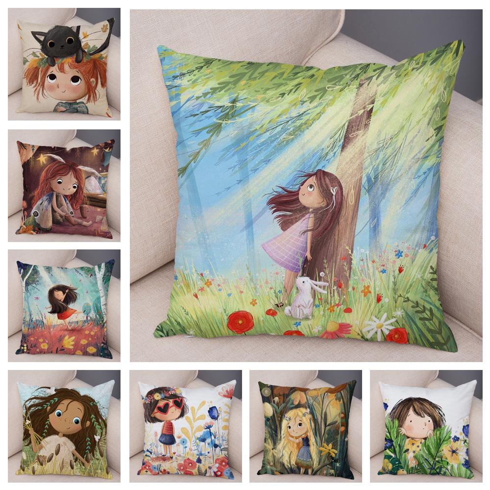 Super Soft Plush Pillow Case for Sofa Home Watercolor Cartoon Girl Cushion Cover Decor Fairy Tale World Lovely Child Pillowcase