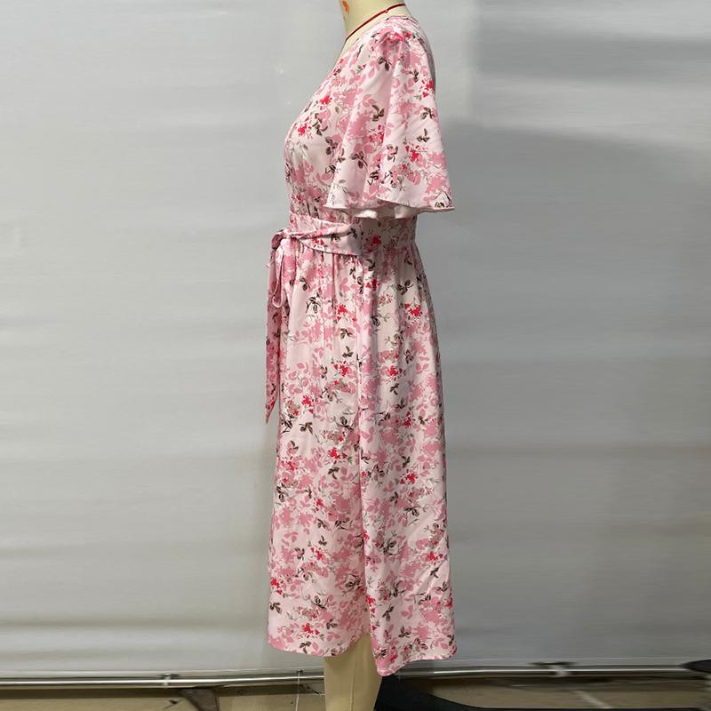 Летнее женское платье с коротким рукавом и принтом, свободное, модное, с V-образным вырезом, оборками, шнуровкой, цветочным принтом, повседневные платья для женщин, элегантное, тонкое, винтажное, сексуальное платье 26175