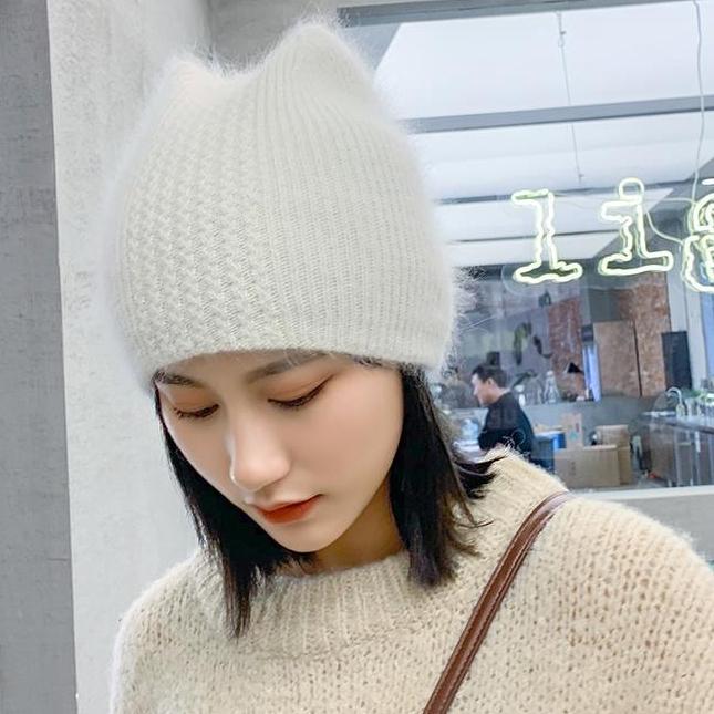 Теплые милые зимние вязаные шапки для женщин, повседневные мягкие теплые шапки-бини из искусственного кроличьего меха Анголы для Glris, женский капот Gorros