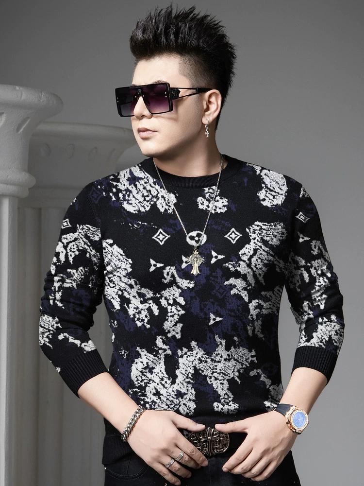 European Style Round Neck Sweater for Men, 2025 Autumn and Winter New Trendy Printed Base Knit Long-Sleeve Sweater