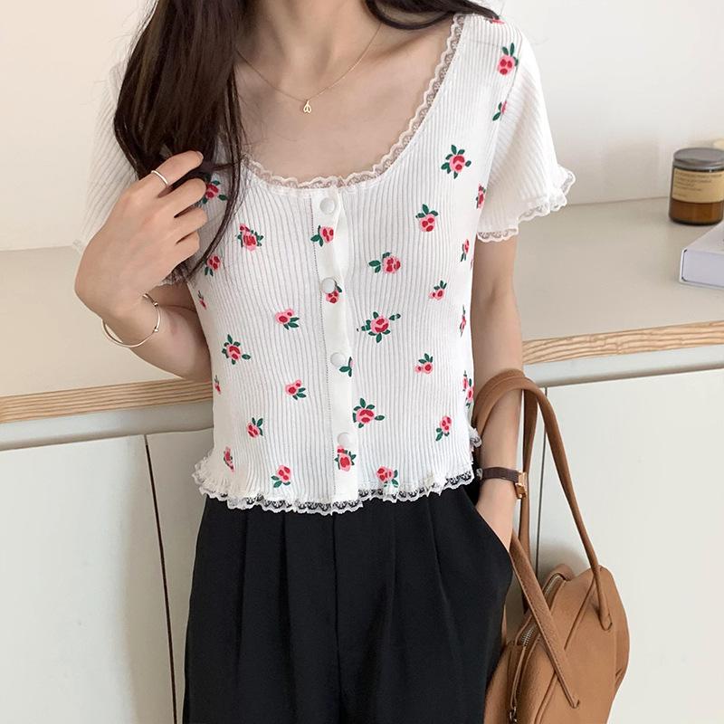 Футболка с короткими рукавами в стиле ретро, женская, летняя, нежная, с мелкими цветами, с открытым пупком, повседневная, удобная, в стиле Slim Fit, пуловеры, футболки