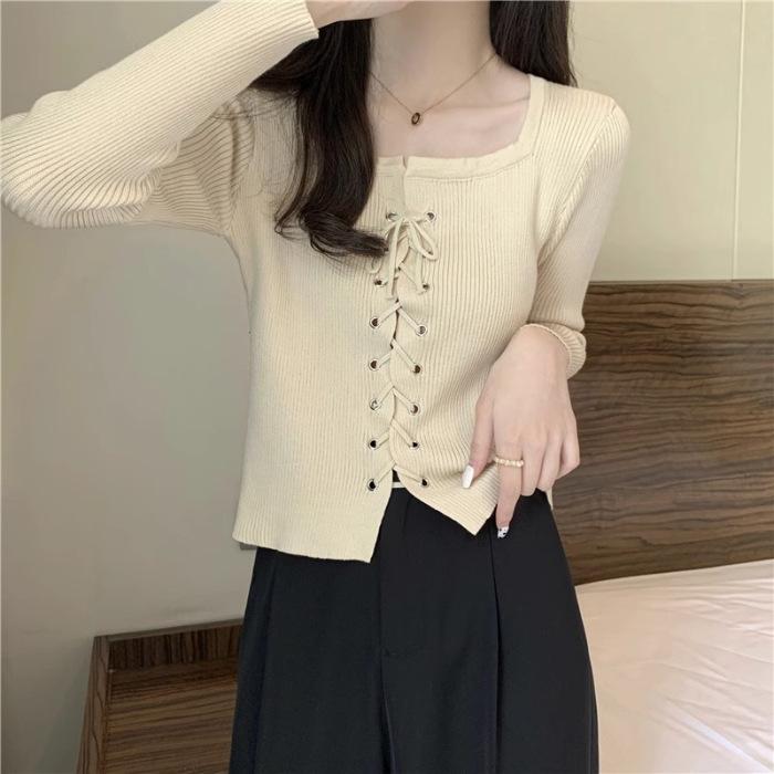 Осенне-зимний новый квадратный вырез с завязками, дизайнерское исполнение, нишевый, бант, тонкий, с длинным рукавом, базовый свитер, топ, женская одежда