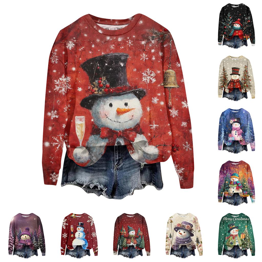 Women's Fashion Christmas Printed Long Sleeve Loose Round Neck Sweatshirt Top