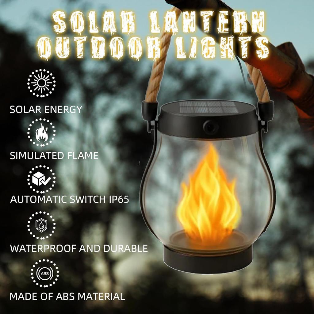 Solar Lantern Outdoor Lights, with Dancing Flame, Waterproof Hemp Rope Hanging Flickering Solar Lights Outdoor with Dual Charging Modes of