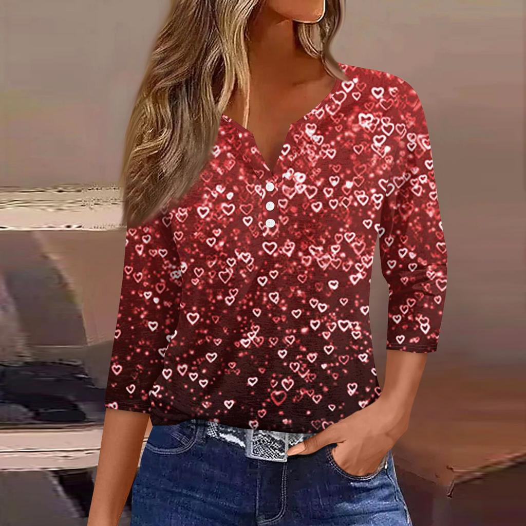 Жен. Футболка Футболка С принтом Пуговицы Рукав 3/4Ежедневно Выходные Мода Классический Топ с v-образным вырезом Обычный