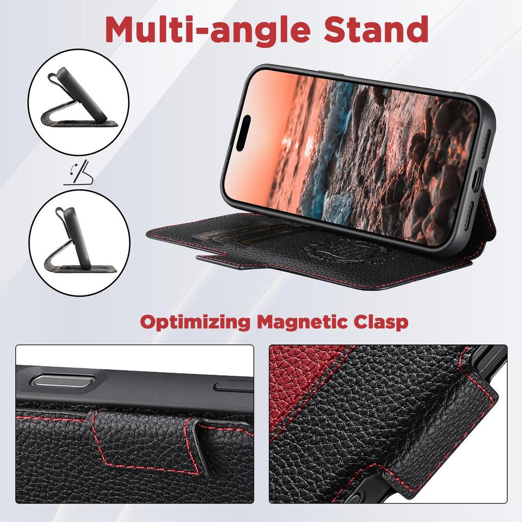 Чехол-книжка для iPhone 17: Слот для карт, Магнитная застежка, Подставка для беспроводной зарядки, Кошелек с цветными блоками, Кожа