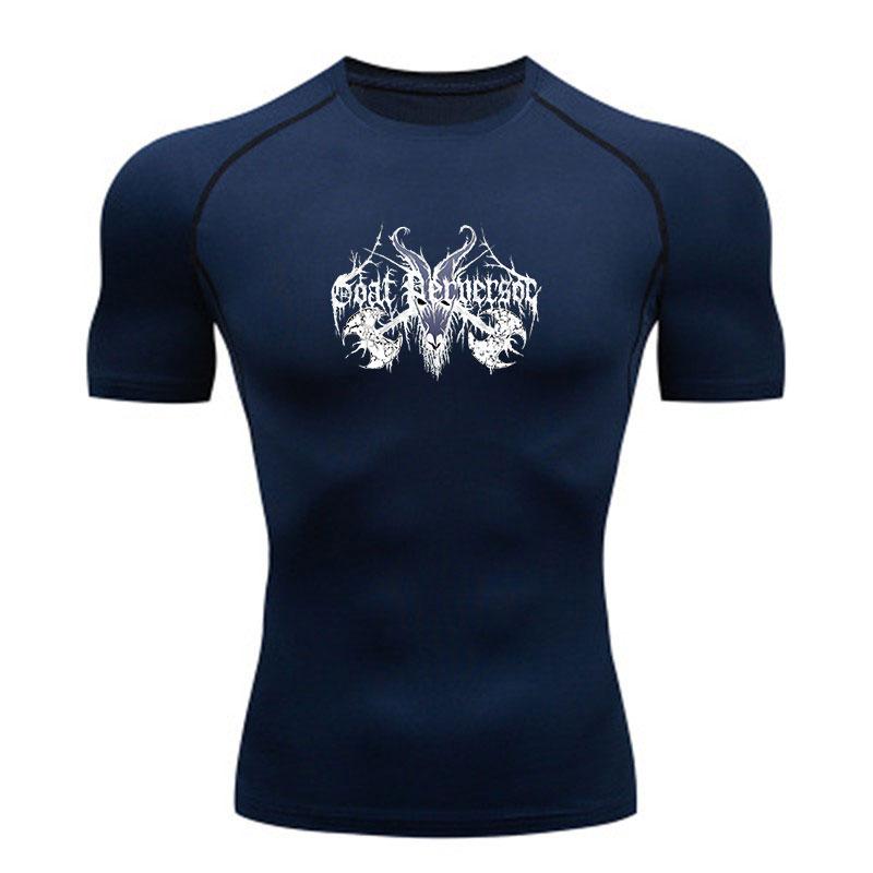Men's Compression Athletic Workout T-Shirt, Goat Head Graphic Black Death Metal Style Quick Dry Sports Shirt for Gym Running Training Fitness Activewe