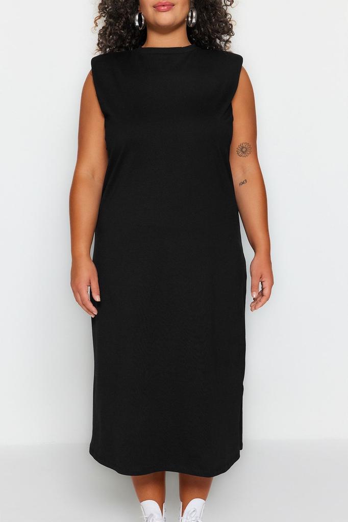 Women's Style Plus Size Black Crew Neck Padded Knitted Dress
