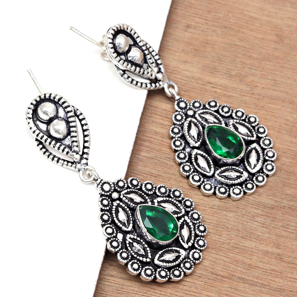 925 Silver Sterling Earring Jewelry Gemstone Handmade Emerald