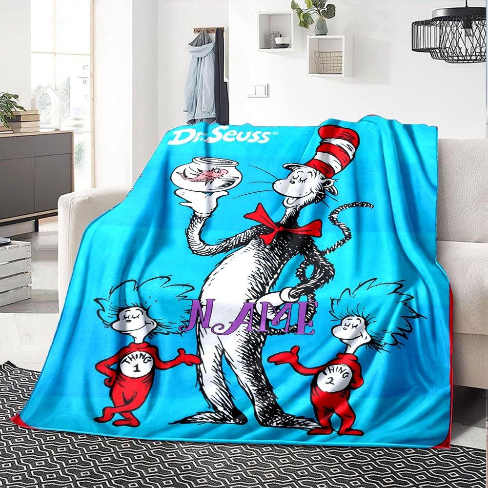 Dr Seuss'S Cat In The Hat With Fish Bowl Throw Customizable Blanket Personalized Name Comfortable Texture Perfect For Sofa Couch Office Bed Picnics