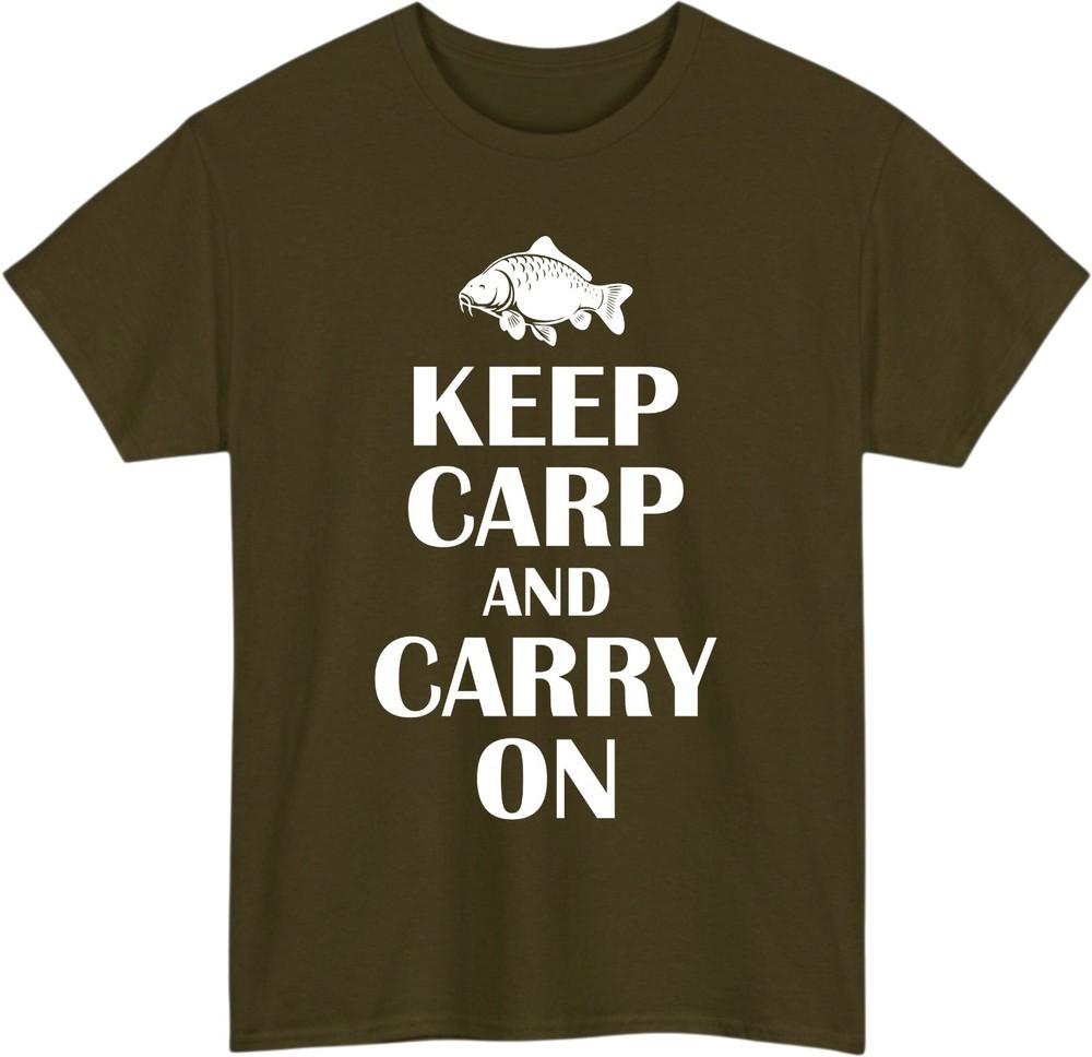 Keep carp and carry on t shirt funny fishing pun classic retro meme tee gift