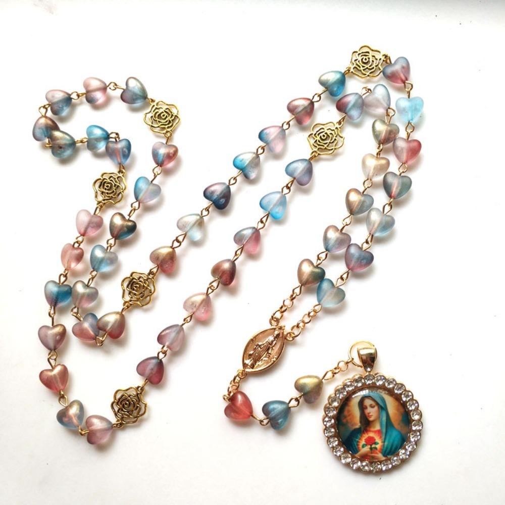 Retro Rosary Beads Chains Multi-color Mary Necklace Fashion Prayer Pendant Women Girls