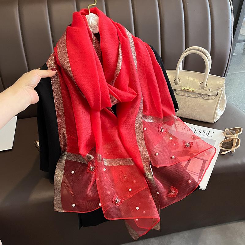 Luxury Silk Shawl Scarf for Women Design Embroidery Flowers Hijab Wraps Bufandas Female Headkerchief Fouloud Echarpe