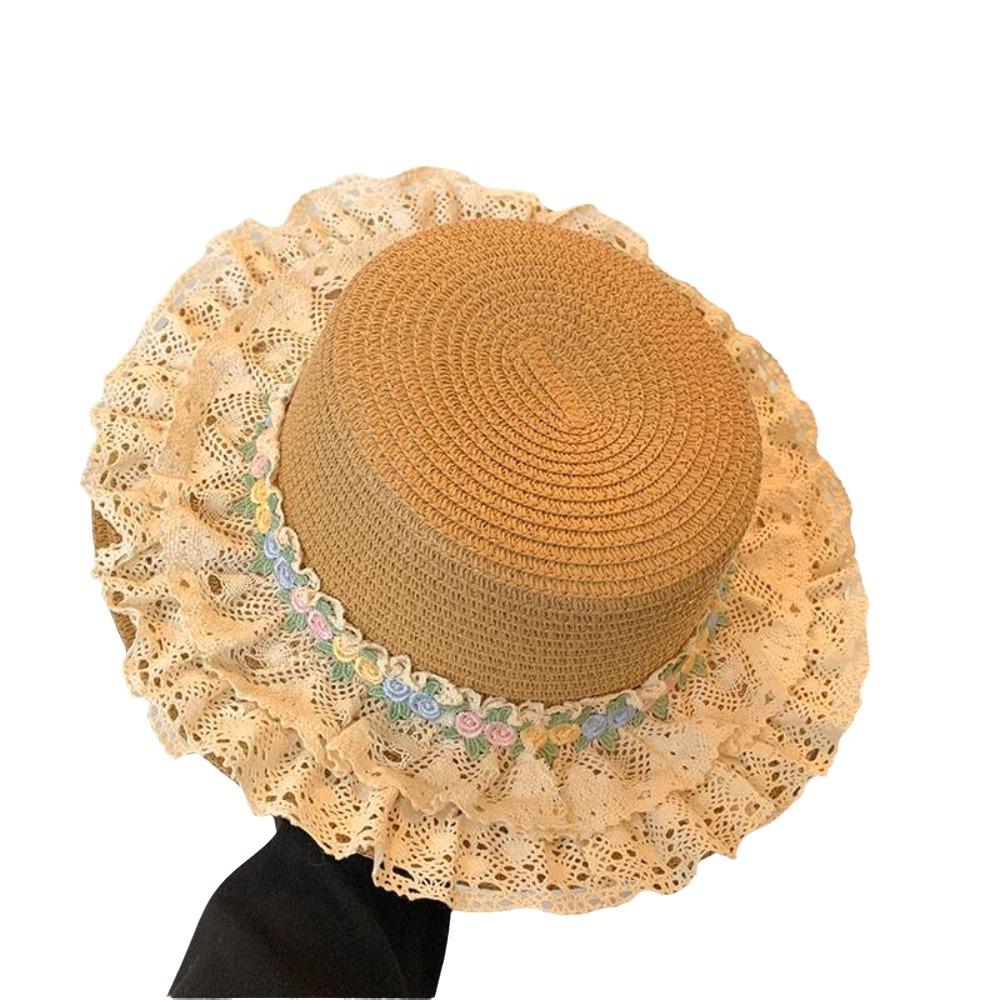 Flat Top Lace Floral Brim Cap Japanese Style Women's Sun Hat Simple Straw Woven Top Hat  Beach
