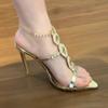 2025 новые босоножки с открытым носком, острым носком, цепочкой из драгоценных камней и стразов, из лакированной кожи, с ремешком через подъем, женские летние хрустальные туфли-стилет на высоком каблуке