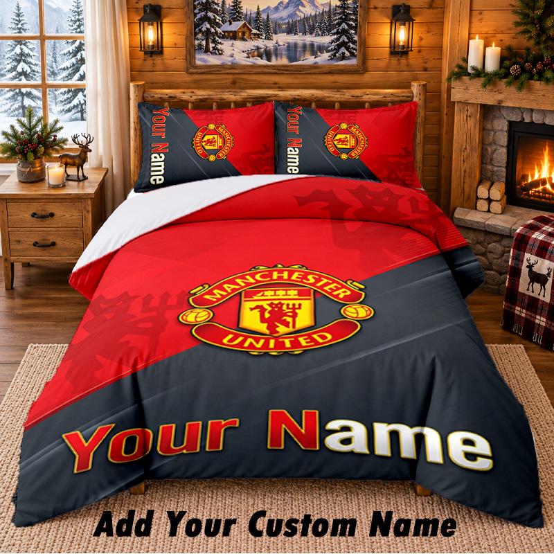 Manchester United Pattern Bedding 3Pcs Set Custom Name, Bed Sheet And Pillowcases For Home Bedroom